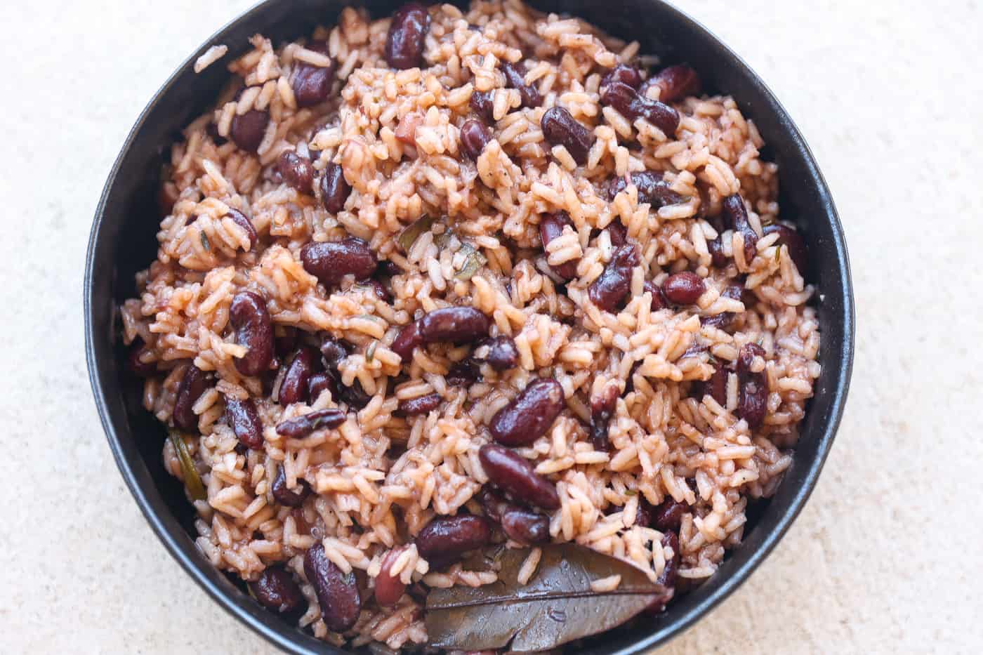jamaican rice and peas in black bowls
