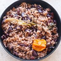 jamaican rice and peas in black bowls