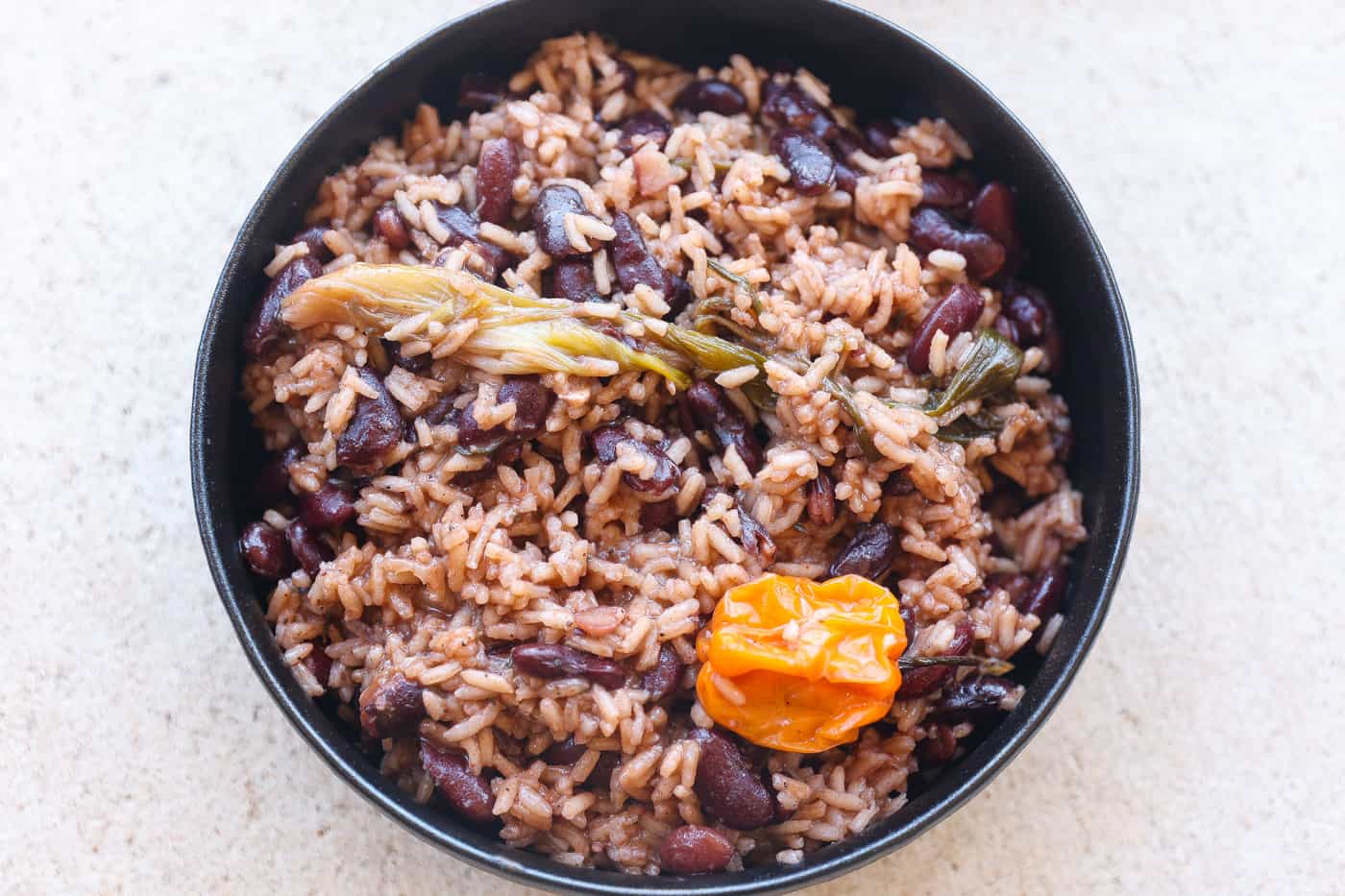 jamaican rice and peas in black bowls