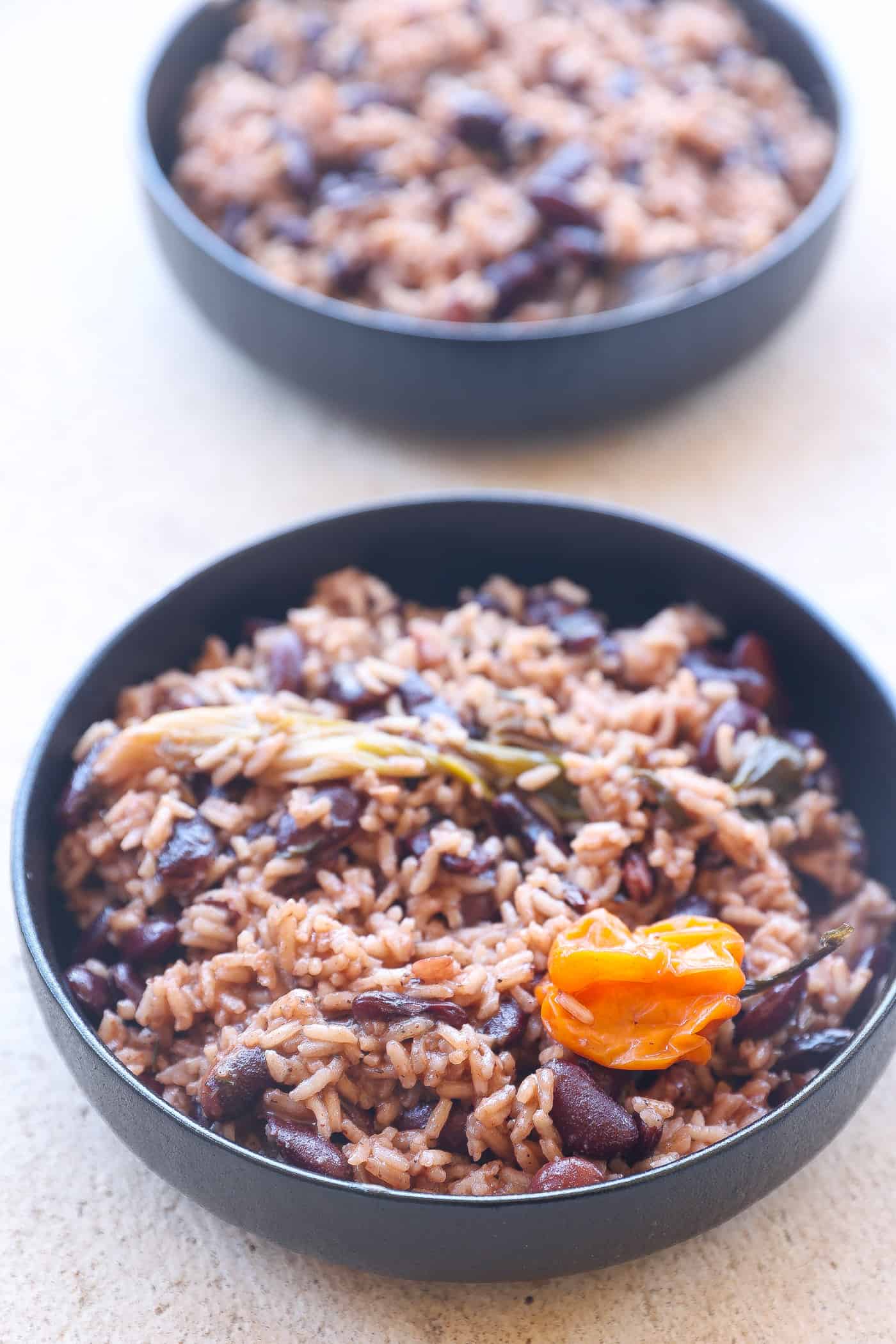 jamaican rice and peas in black bowls