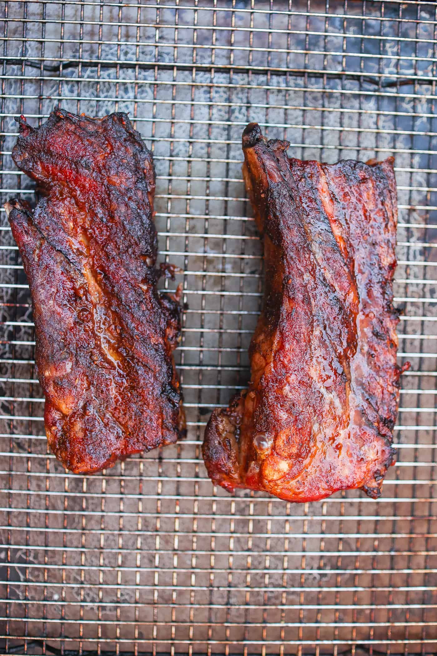 smoked pork belly ribs on a wire rack