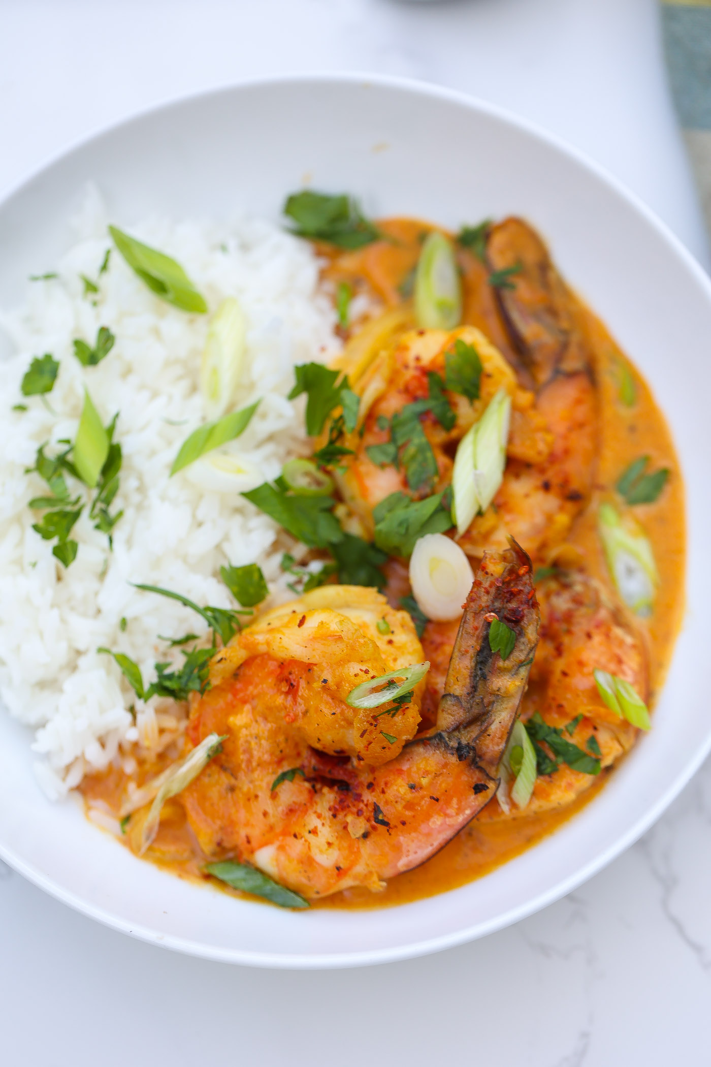 curry shrimp in a white bowl with white rice