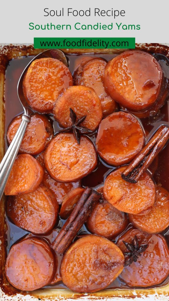 candied yams in a white baking dish