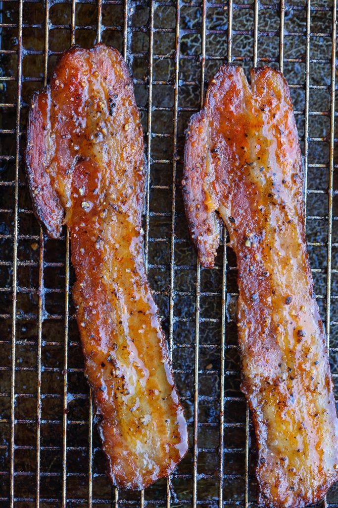 candied bacon on a grated bacon sheet