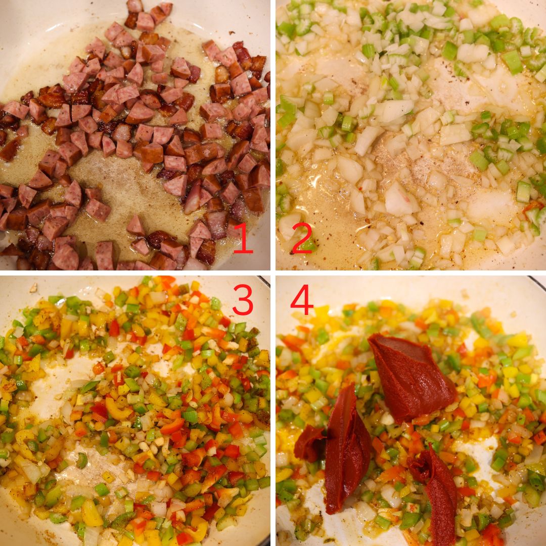 4 images showing process for making red rice