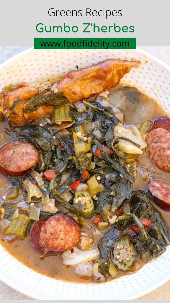 cooked gumbo z'herbes in a white bowl with spoon.