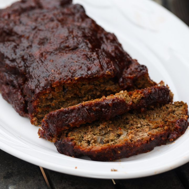 guava glazed smoked meatloaf on white platter