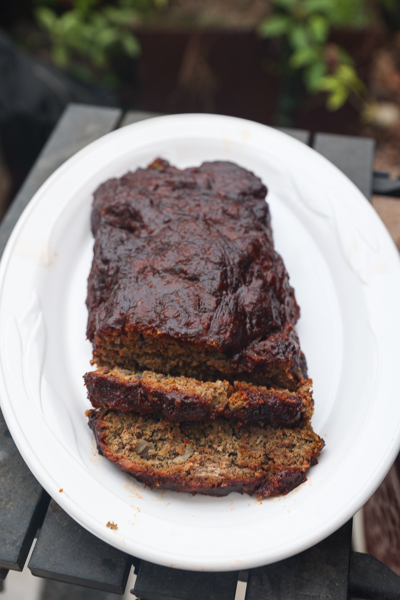 guava glazed smoked meatloaf on white platter