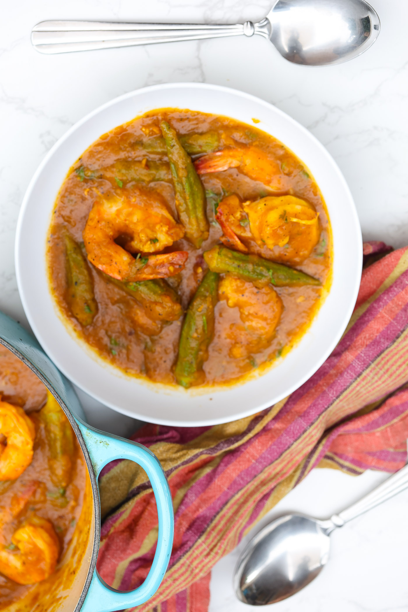 shrimp and okra stew in white bowl