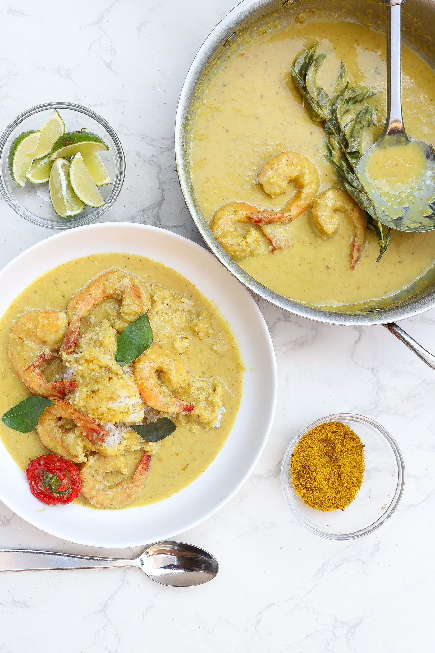 shrimp and rice in yellow peach curry sauce