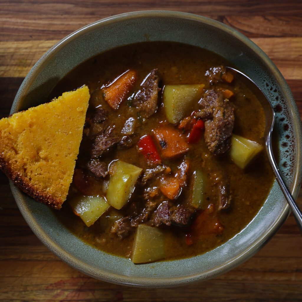 Easy Beef Goulash with Corn, Eggplant, and Tomatillos