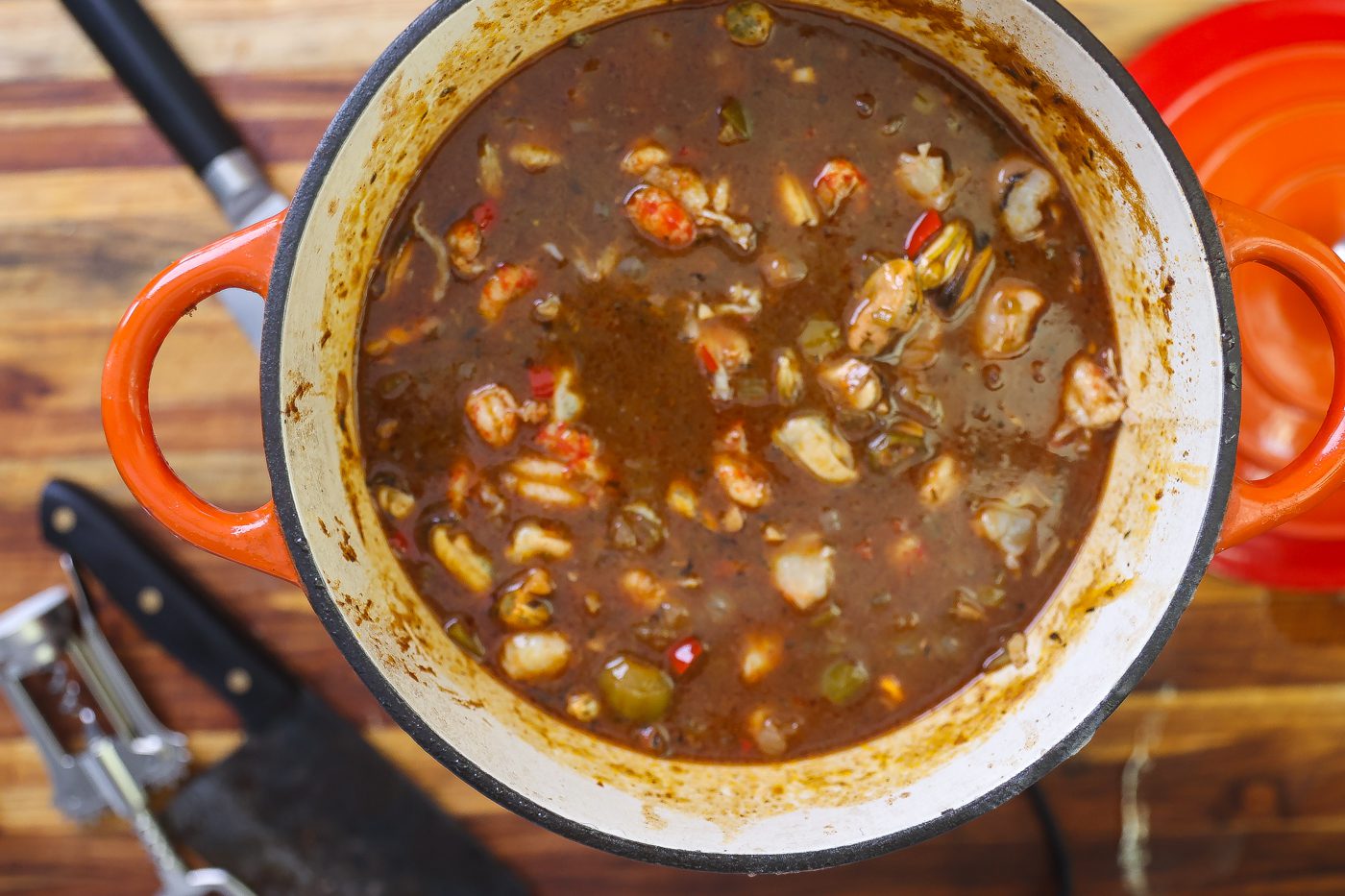 shrimp added to gumbo base in pot