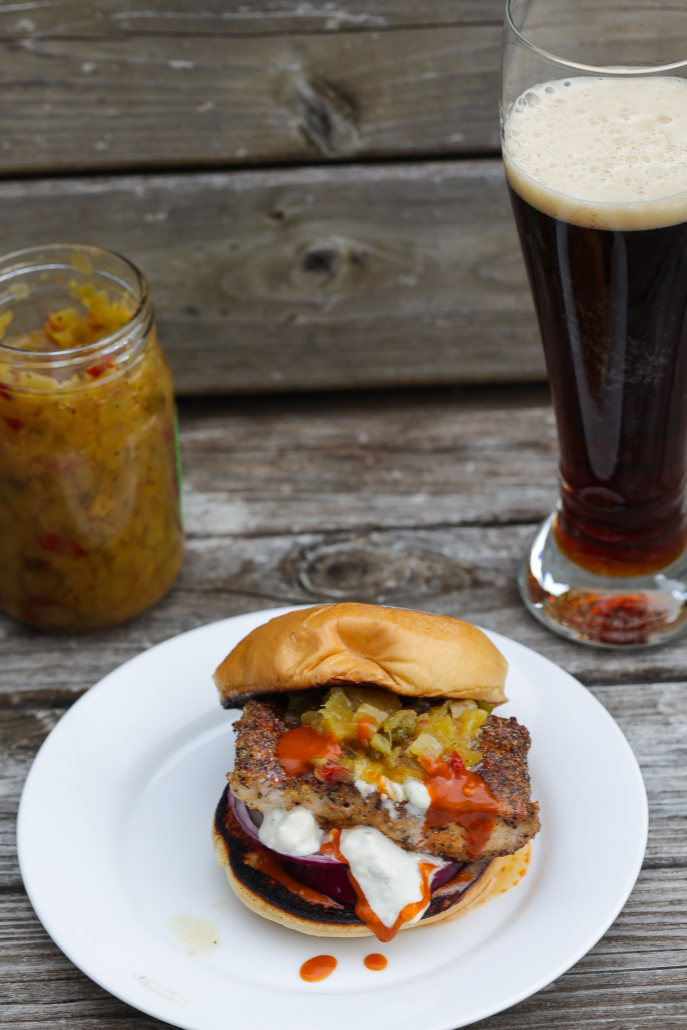 mahi mahi fish sandwich with beer and chow chow