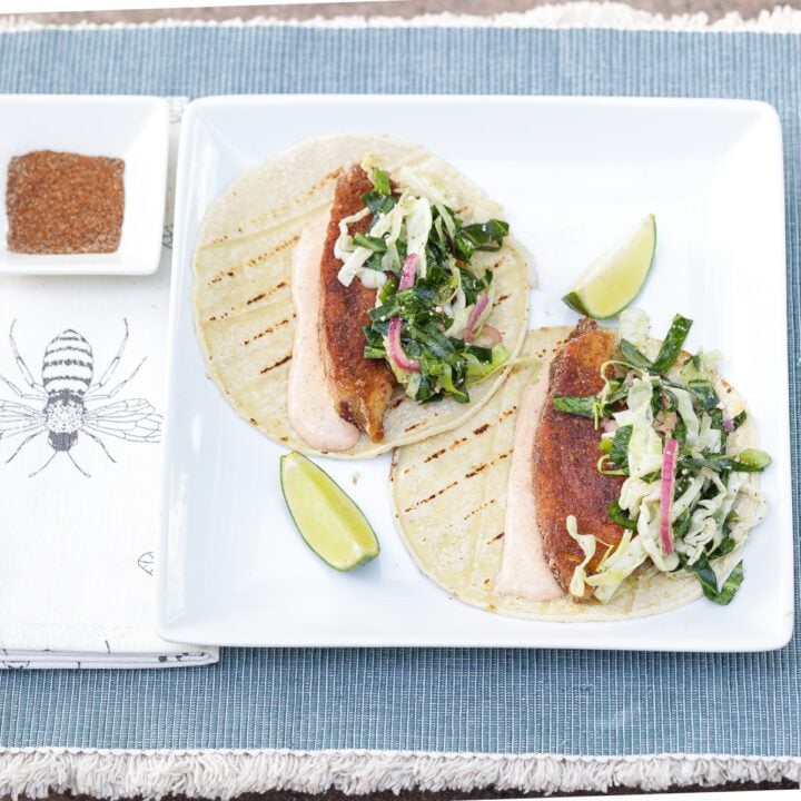 baja fish tacos on a white plate