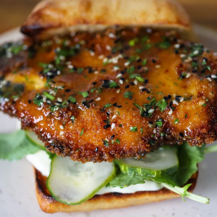 orange chicken sandwich on tray
