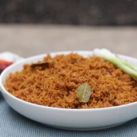 nigerian jollof rice in a white bowl