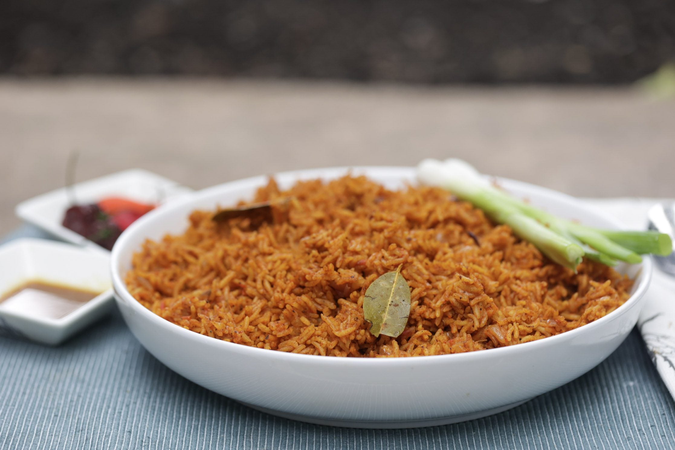 nigerian jollof rice in a white bowl