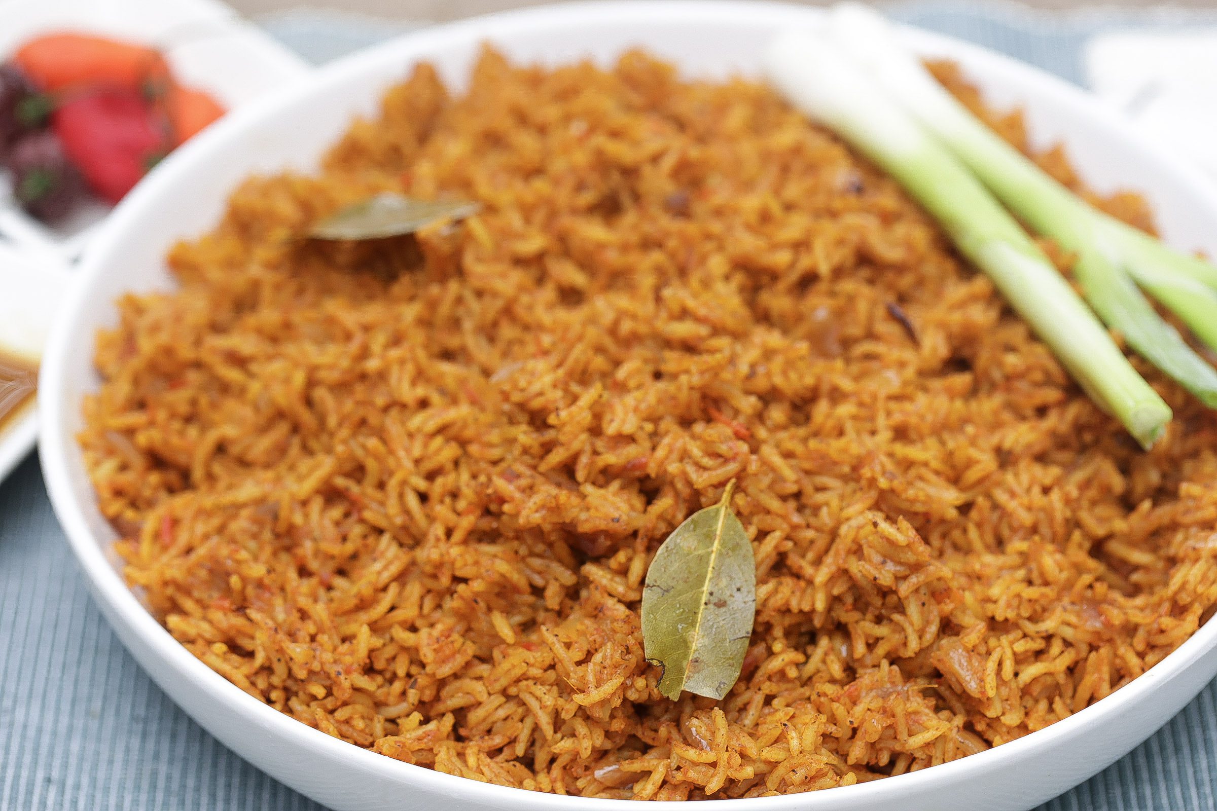 nigerian jollof rice in a white bowl