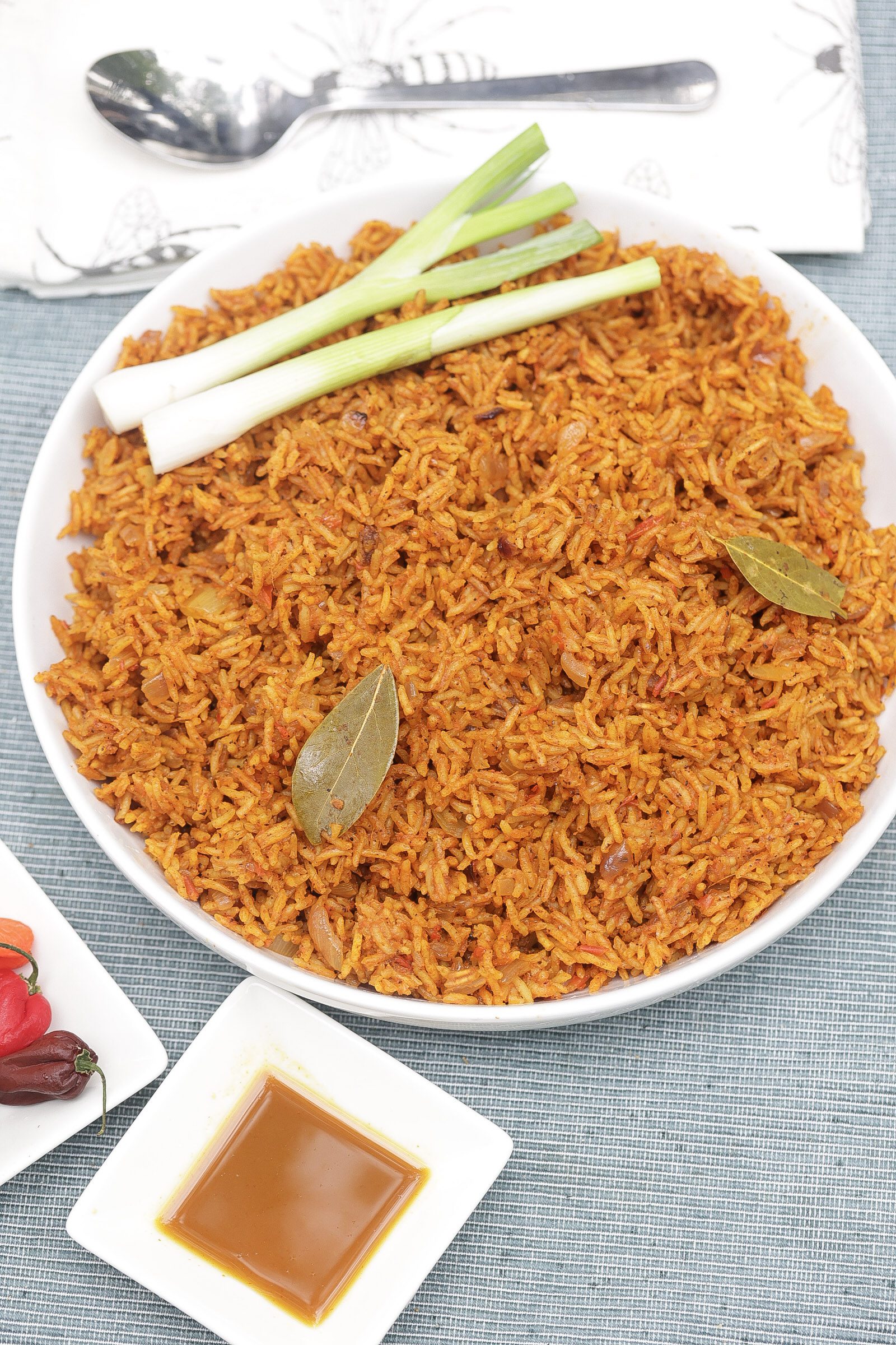 nigerian jollof rice in a white bowl