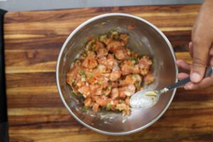 diced salmon pieces in a bowl