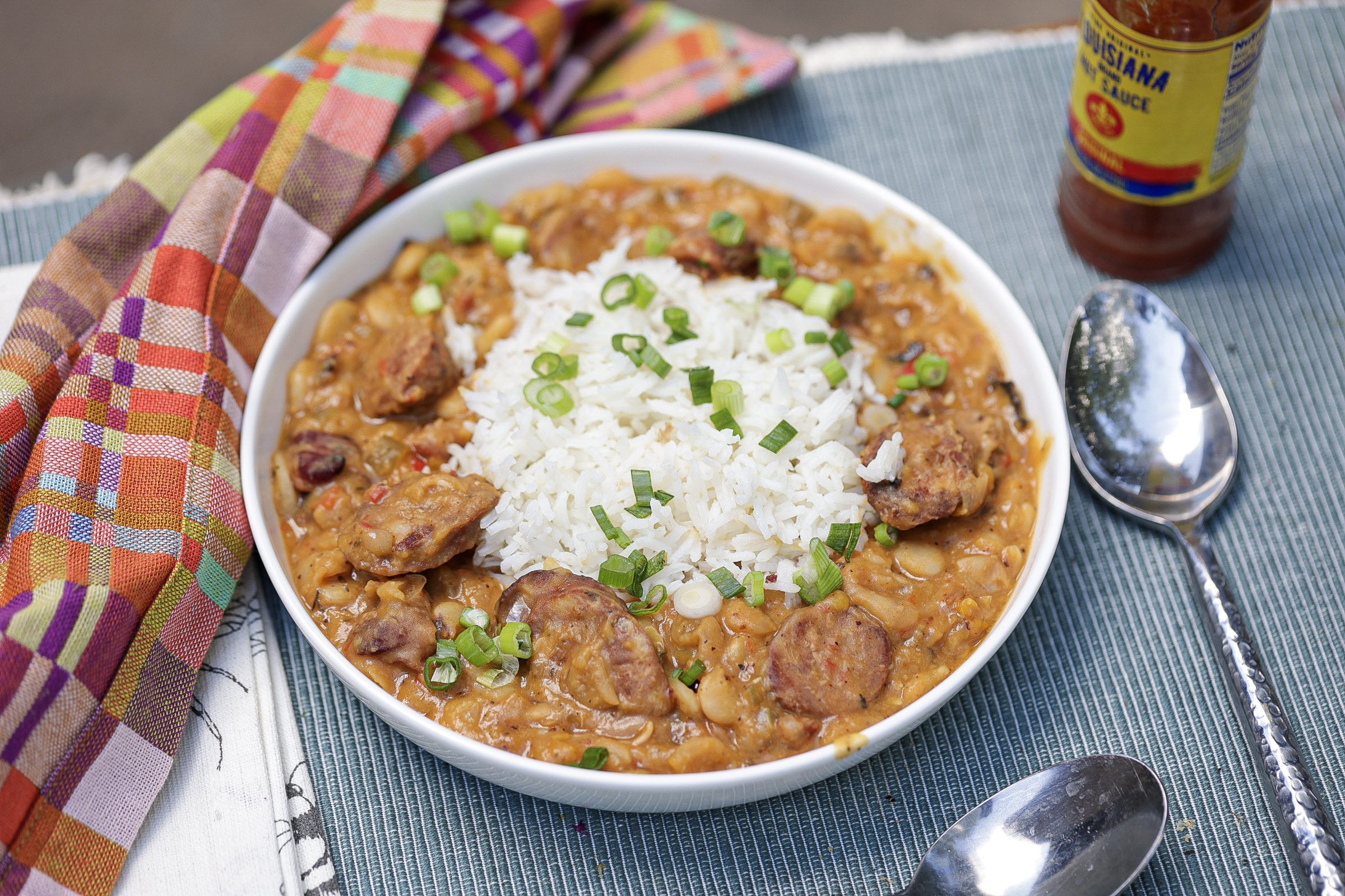 white beans and rice in a white bowl