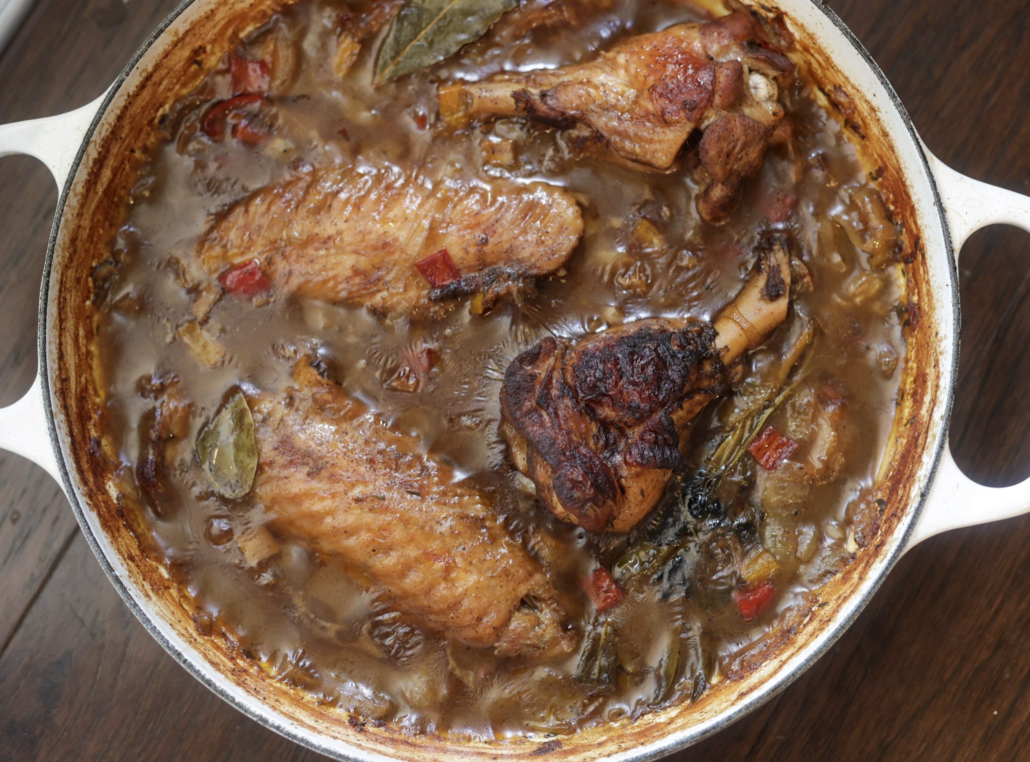 turkey wings braising in pan