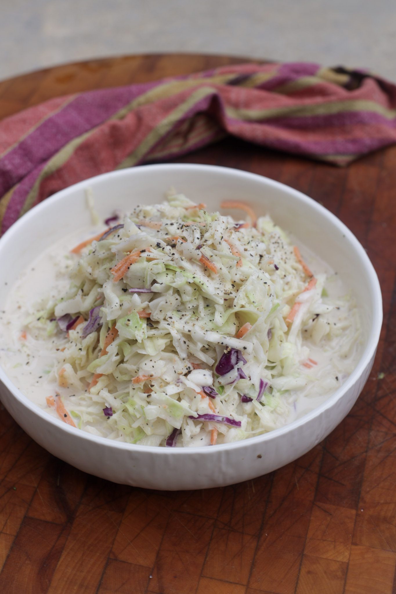 southern cole slaw in white bowl