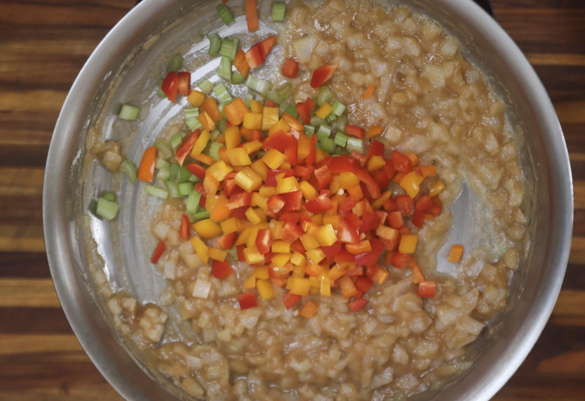 holy trinity of peppers, celery, and onions cooking in roux