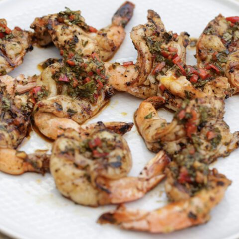 grilled chimichurri shrimp on white plate
