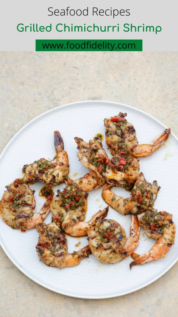 grilled chimichurri shrimp on white plate