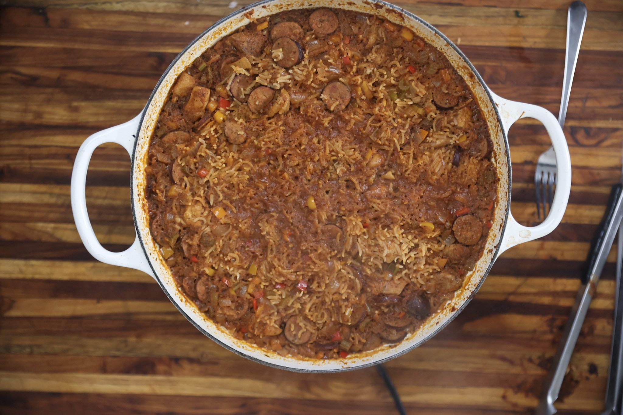 jambalaya cooking in pan