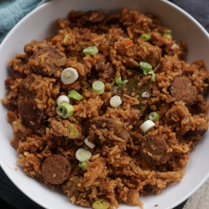jambalaya in white bowl