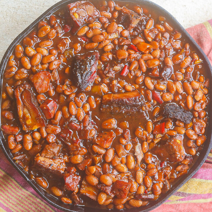 bbq beans in black cast iron skillet
