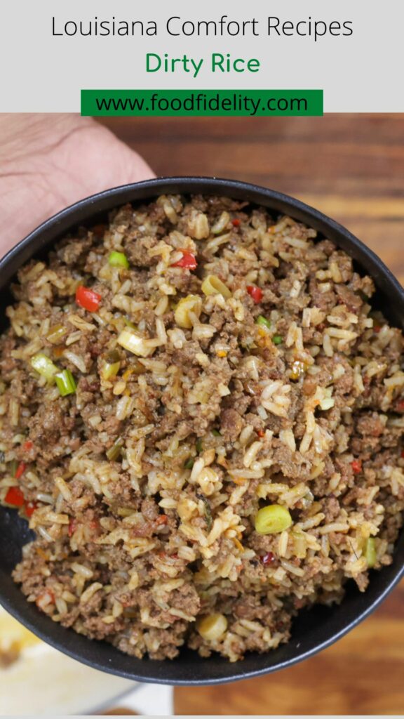 dirty rice in a black bowl
