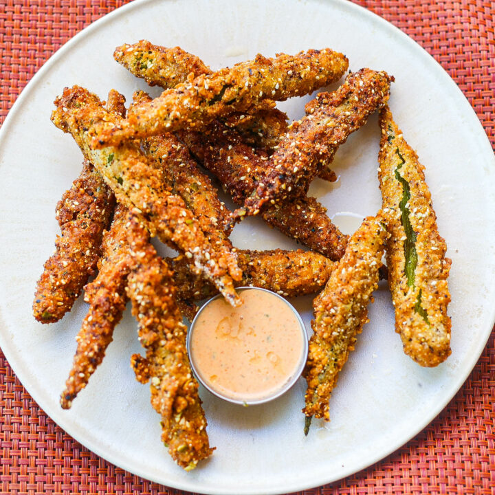 fried whole okra on white plate